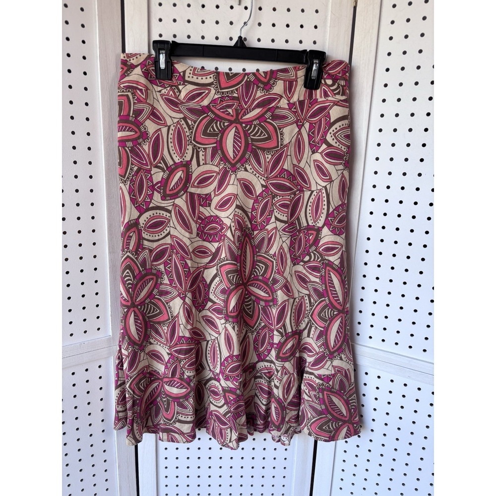 East 5th Midi‎ Skirt A Line Floral Linen Blend Women's 10 Pink Beige Brown Lined
